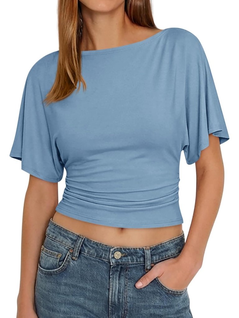 Women Bluish Gray Boat Neck Short Sleeve Tie Back Cinched Waist Trendy Wrap Tops